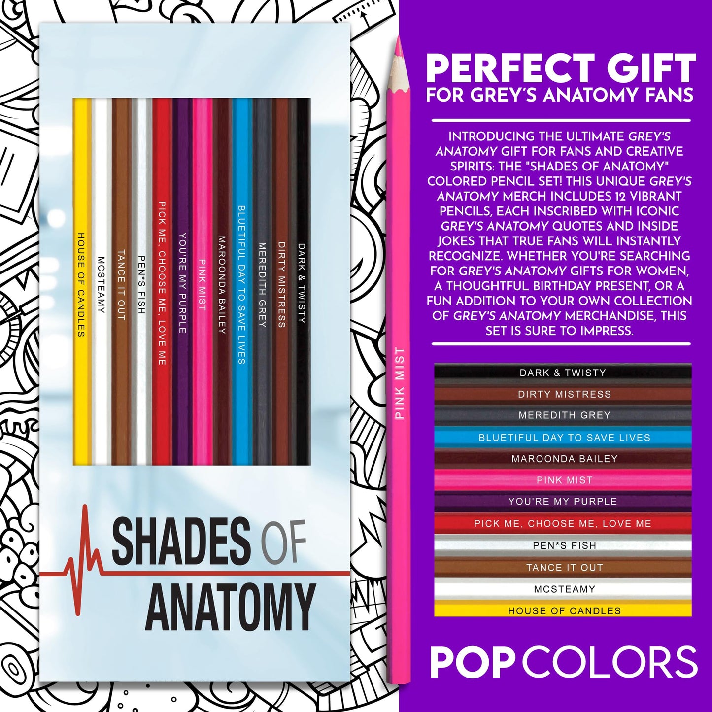 Pun Labs Greys Anatomy-Inspired Colored Pencils Set for Adults - 12 Drawing Pencils with Foil-Stamped Names - Greys Anatomy Gi