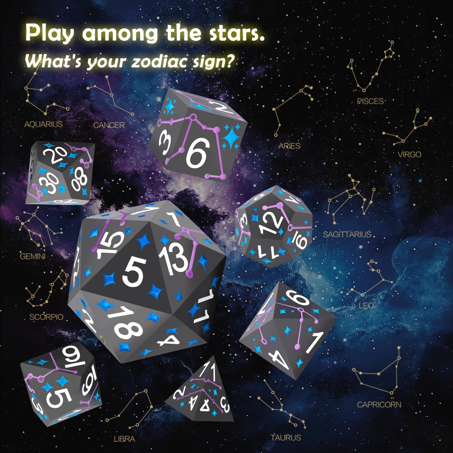 PJOY Metal Dice Set D&D Star Dice Set DND Polyhedral Dice for RPG Role Playing Games Dungeons and Dragons TTRPG Black Purple Blu