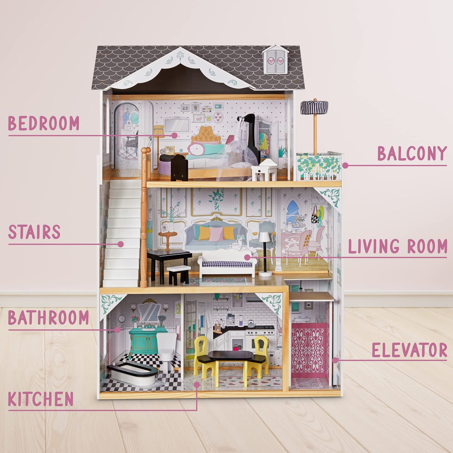 Lil' Jumbl Kids Wooden Dollhouse, With Elevator, Balcony & Stairs, Accessories & Furniture Included X-Large 3 Story Easy To Assemble Doll House Toy