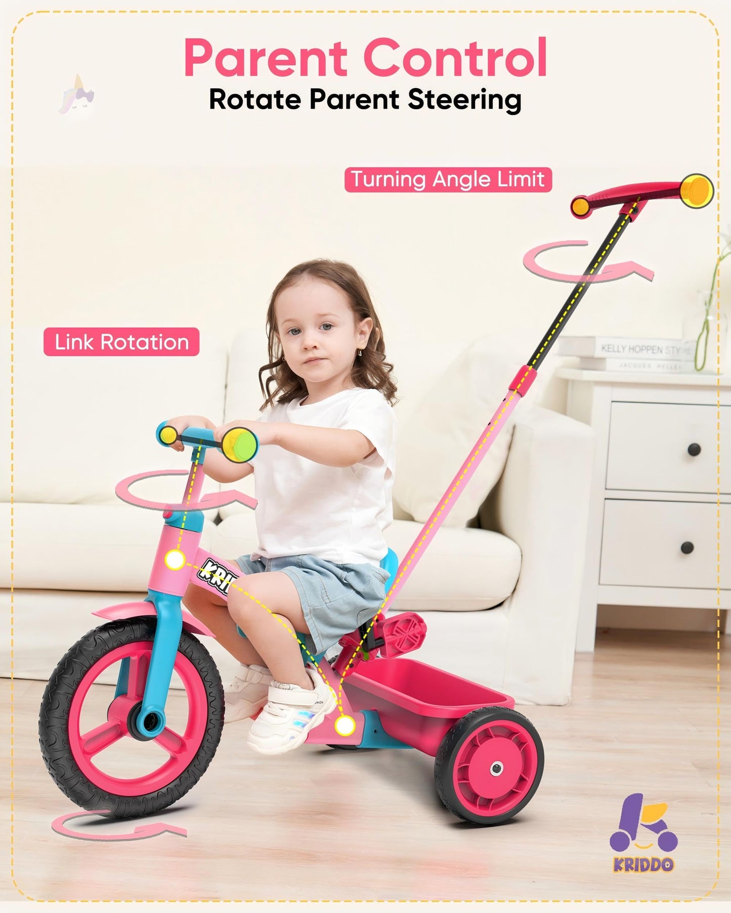 KRIDDO 3-in-1 Toddler Tricycle for Kids 18 Months to 3 Years, Tricycle for 2 Years with Parent Steering, Extra Wide Seat, Large