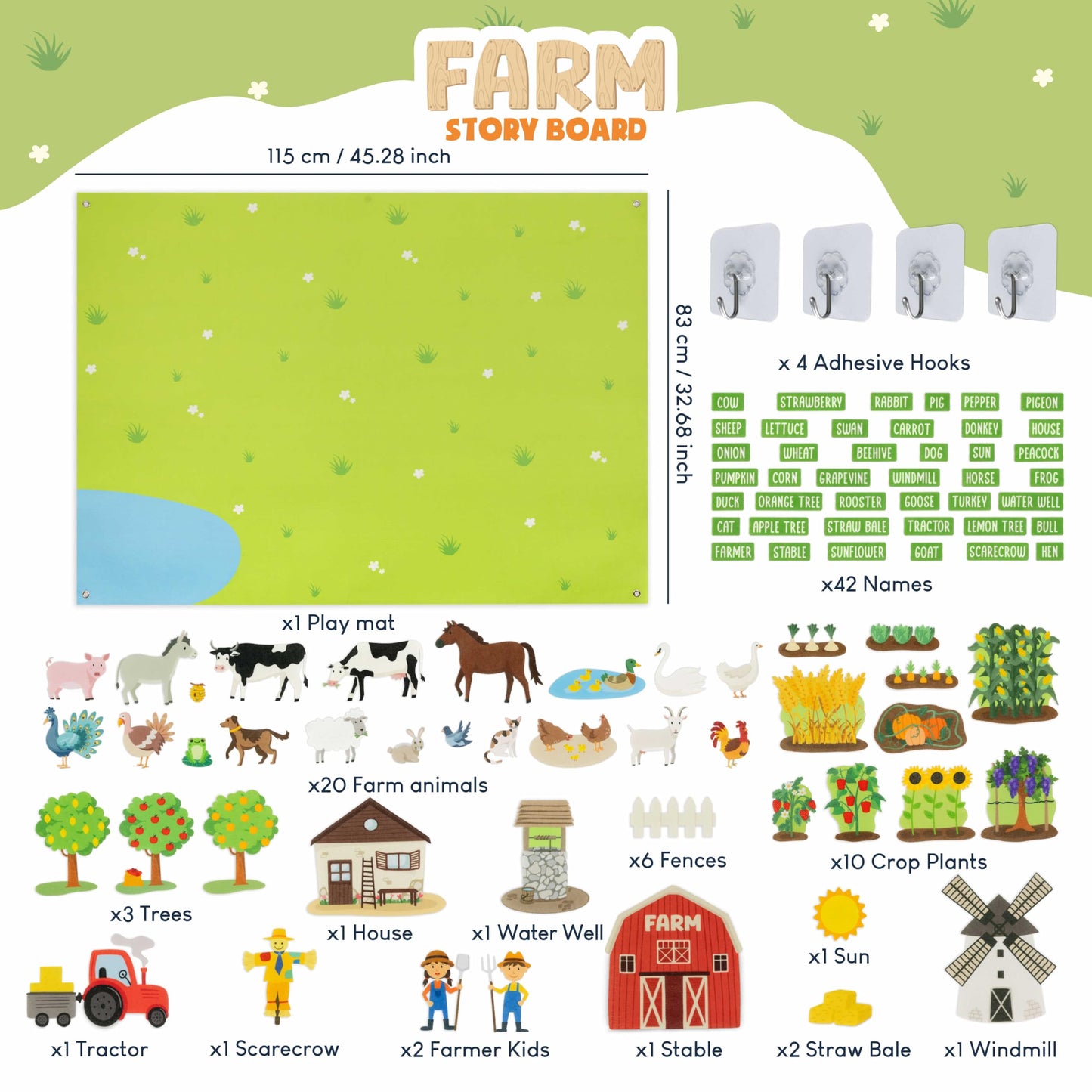 BONNYCO Felt Board for Toddlers with 92 Animal Farm Figures. Montessori and Sensory Toys, Birthday Gifts for Kids 3-8 Years Old.