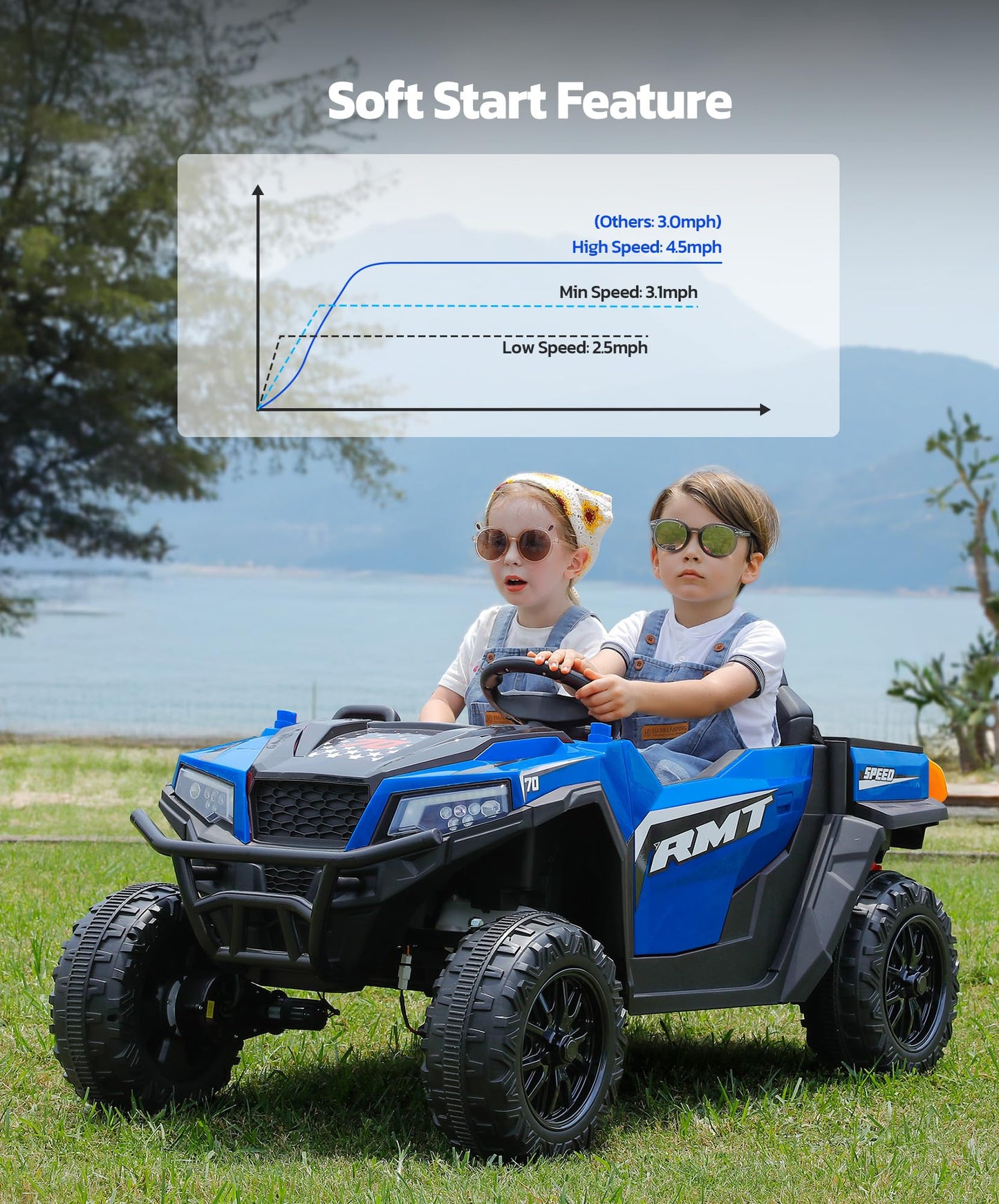 Elemara 24V 10Ah Multifunctional Ride On Car With Dump Bed, Shovel, And Sun Shade, Large Electric Car 2 Seater, Side By Side Bat