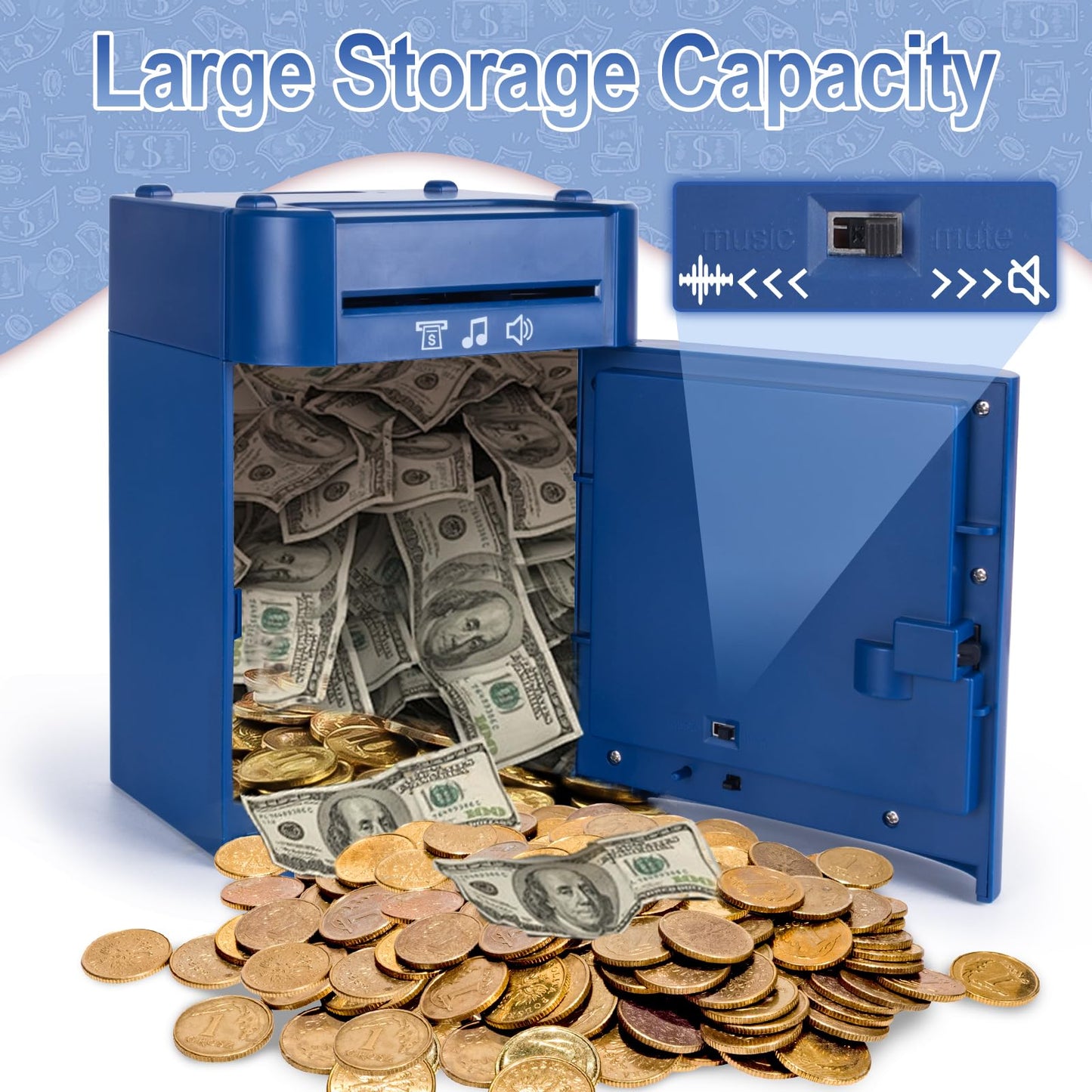 Refasy Piggy Bank For Kids,Electronic Money Bank Kids Piggy Bank For Boys Kids Toys Touchscreen Atm Piggy Bank Money Saving Box For Boys Girls Gifts Toys Coin Bank With Music(Blue)