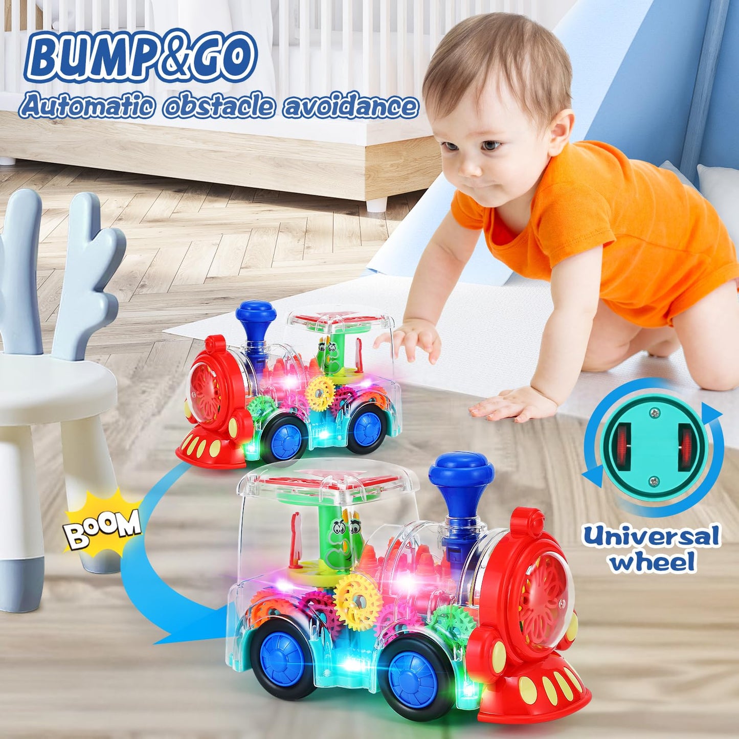 Light Up Train Toys,Fun Electric Transparent Gear Sensory Toy For Kids With Colorful Light Music And Moving Gears,Tummy Time Crawling Baby Toys For Boys Girls