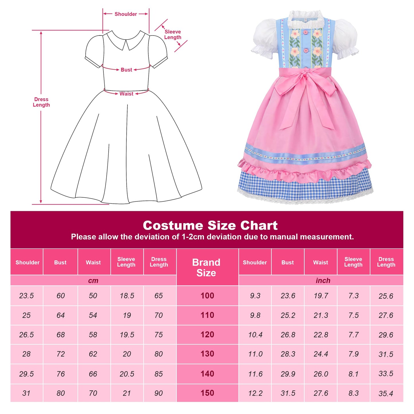 Relibeauty Kids Girls Dirndl Dress Oktoberfest Costume German For Girls,Blue & Pink,150
