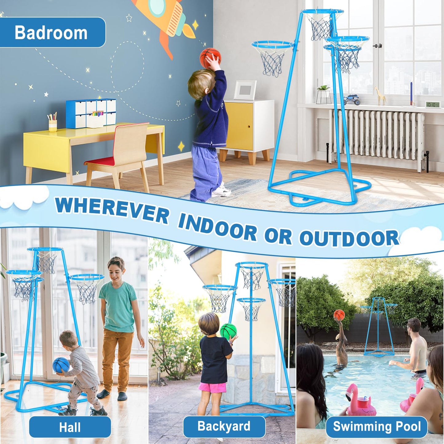 Raylinyee Kids Basketball Hoop Portable Basketball Stand Toys Basketball Indoor Outdoor, Portable Basketball With 4 Hoops At Var
