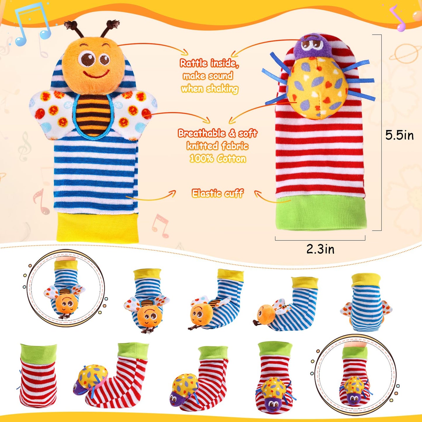 Padonise Baby Wrist Rattle Socks And Foot Finder Set Baby Rattles Toys For 0-12 Month, Infant Girl Boy Toys For Babies 3-6 Months, Newborn Hand & Foot Toys For 0 To 9 Months, Baby Christmas Gifts