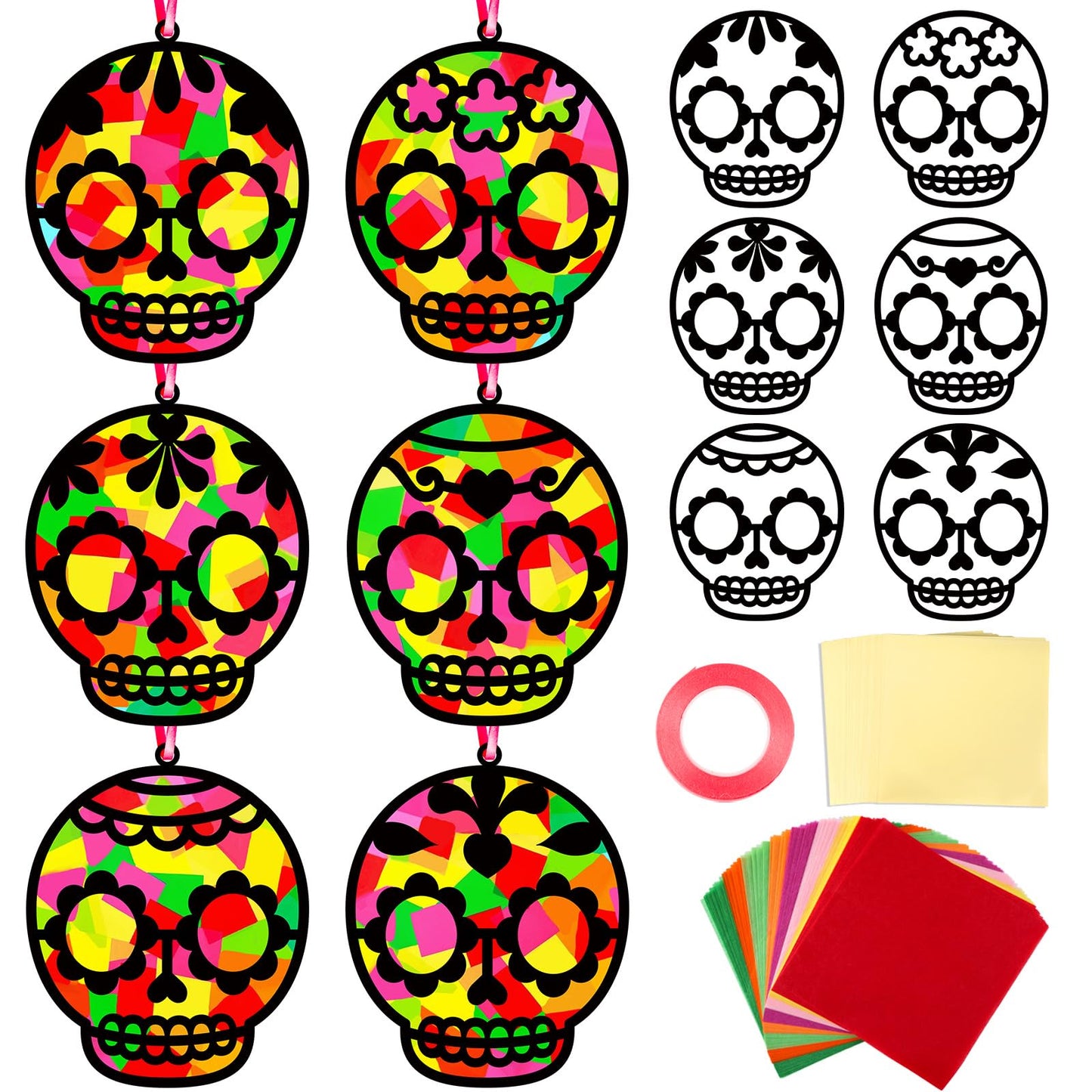 Qyeahkj 36 Set Day of The Dead Suncatchers Crafts for Kids DIY Skull Window Tissue Paper Craft Kit Hanging Decor for Mexico Home