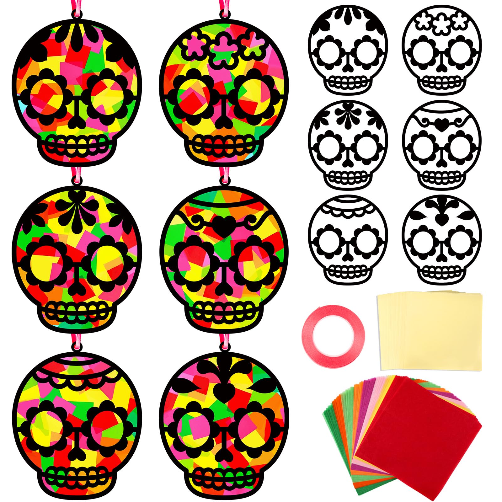 Qyeahkj 36 Set Day of The Dead Suncatchers Crafts for Kids DIY Skull Window Tissue Paper Craft Kit Hanging Decor for Mexico Home