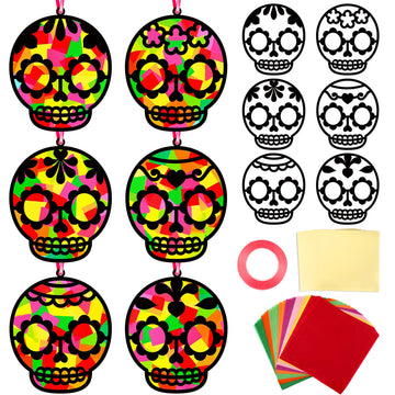 Qyeahkj 36 Set Day of The Dead Suncatchers Crafts for Kids DIY Skull Window Tissue Paper Craft Kit Hanging Decor for Mexico Home