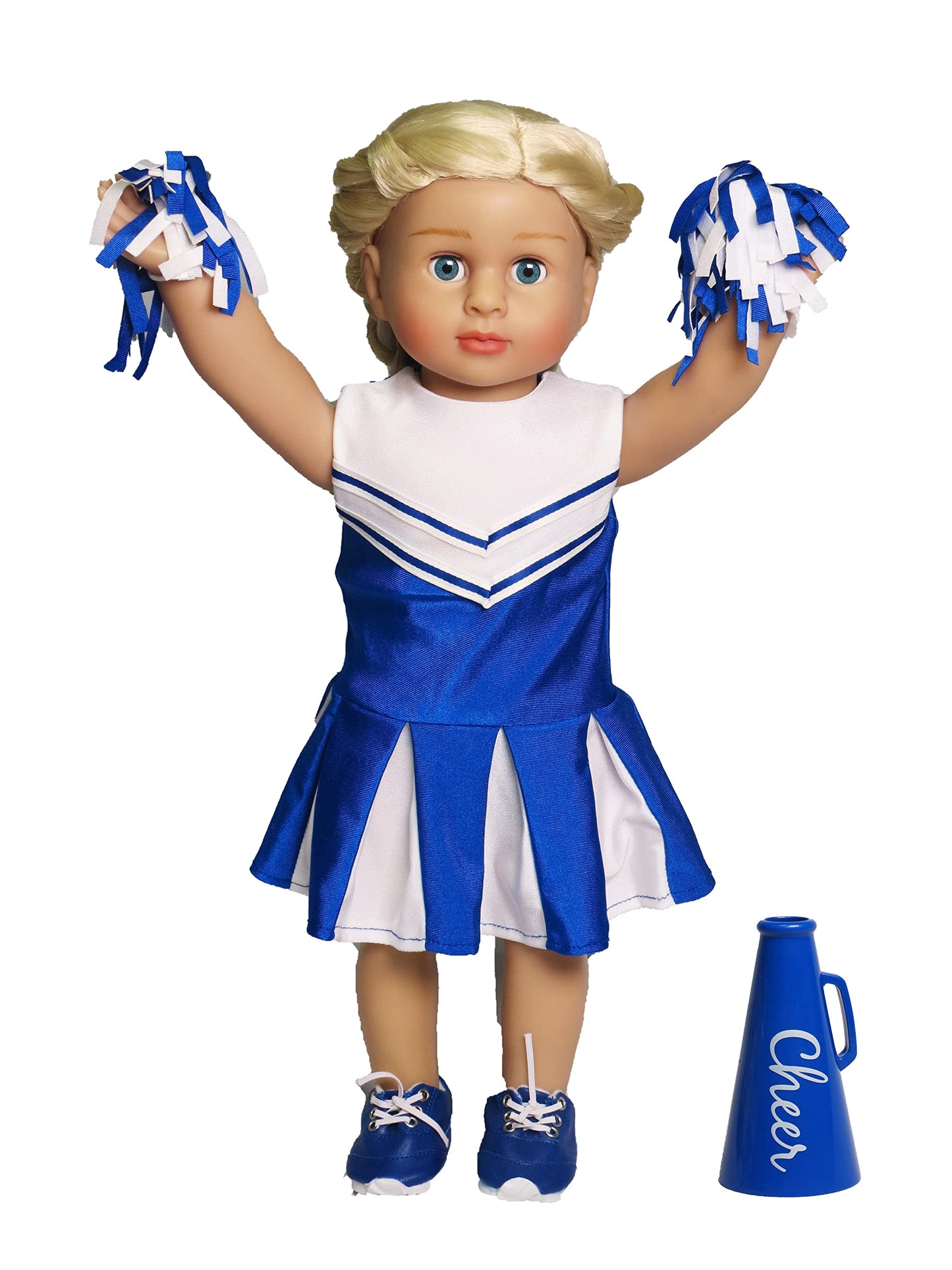 American Fashion World Blue Cheerleading Outfit for 18-Inch Dolls | Accessories Included | enhanced Quality & Trendy Design | Dolls Clothes | Outfit Fashions for Dolls for Popular Brands
