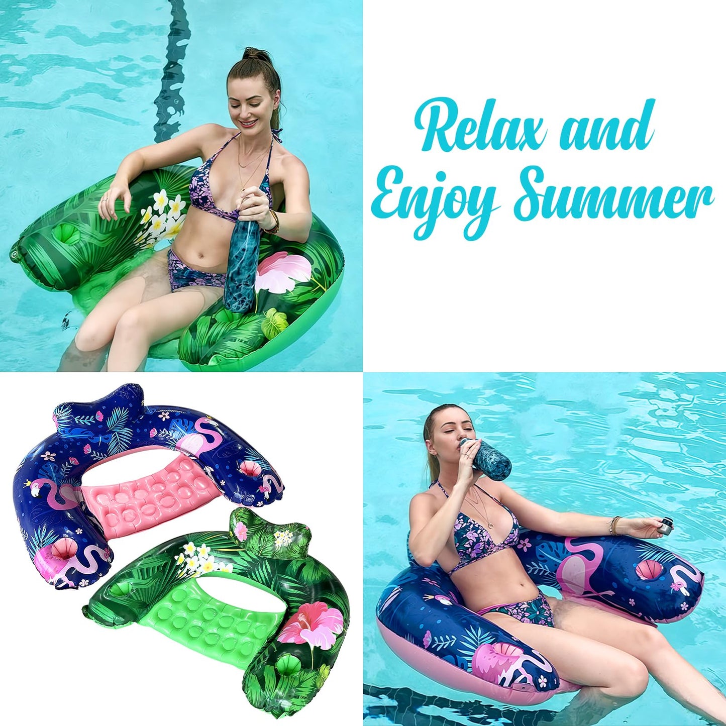 Inflatable Pool Float Chair - 2 Pack Pool Floating Chair mature-themed Pool Float Seat with Cup Holder and Headrest  Portable Lounge Floats for Swimming Pool Party Toy Floaties Beach Floaty(XL)