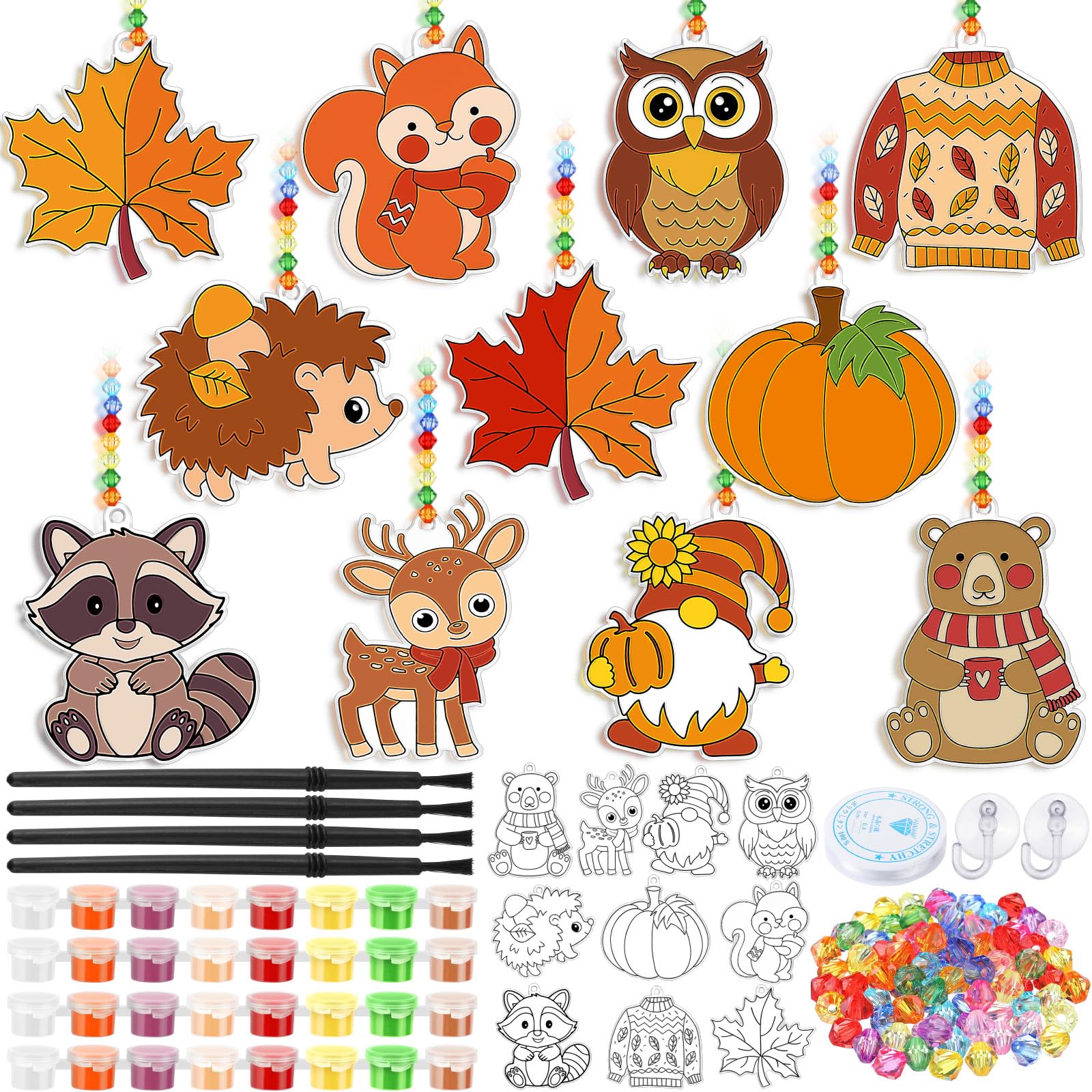Beeveer 30 Sets Fall Animals Suncatchers Art Kits DIY Thanksgiving Squirrels Owl Suncatcher Crafts Paint Your Own Window Ornamen