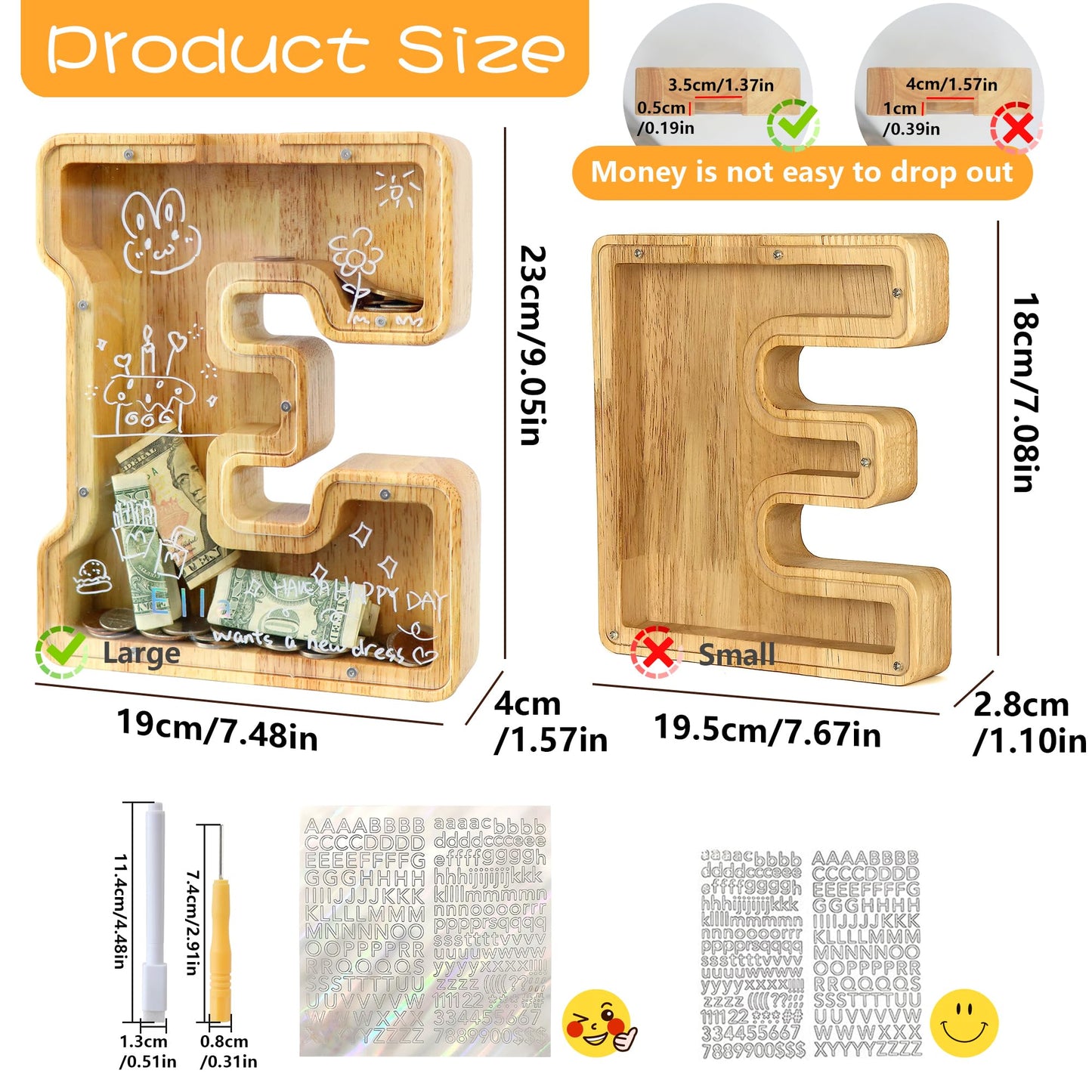 weallbuy Large Letter Piggy Bank for Kids Boys Girls Wooden Personalized Piggy Banks A-Z with Target Area Clear Alphabet Banknote Coin Banks for Gift Decoration Baptism (E)