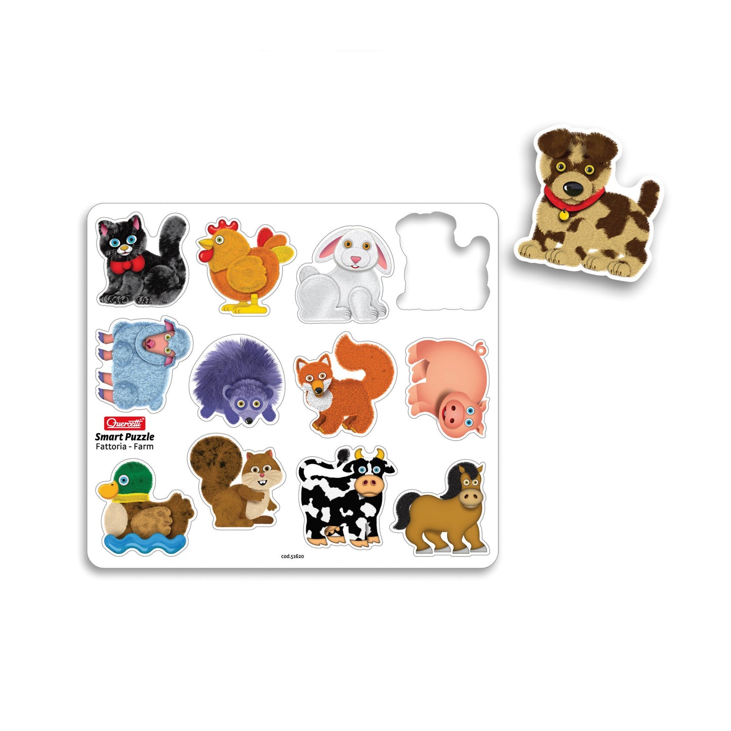 Quercetti Smart Puzzle Farm - Two-Sided Magnetic Puzzle, 12 Pieces, Multicolor, 13 Farm Animal Shapes, Model 002308