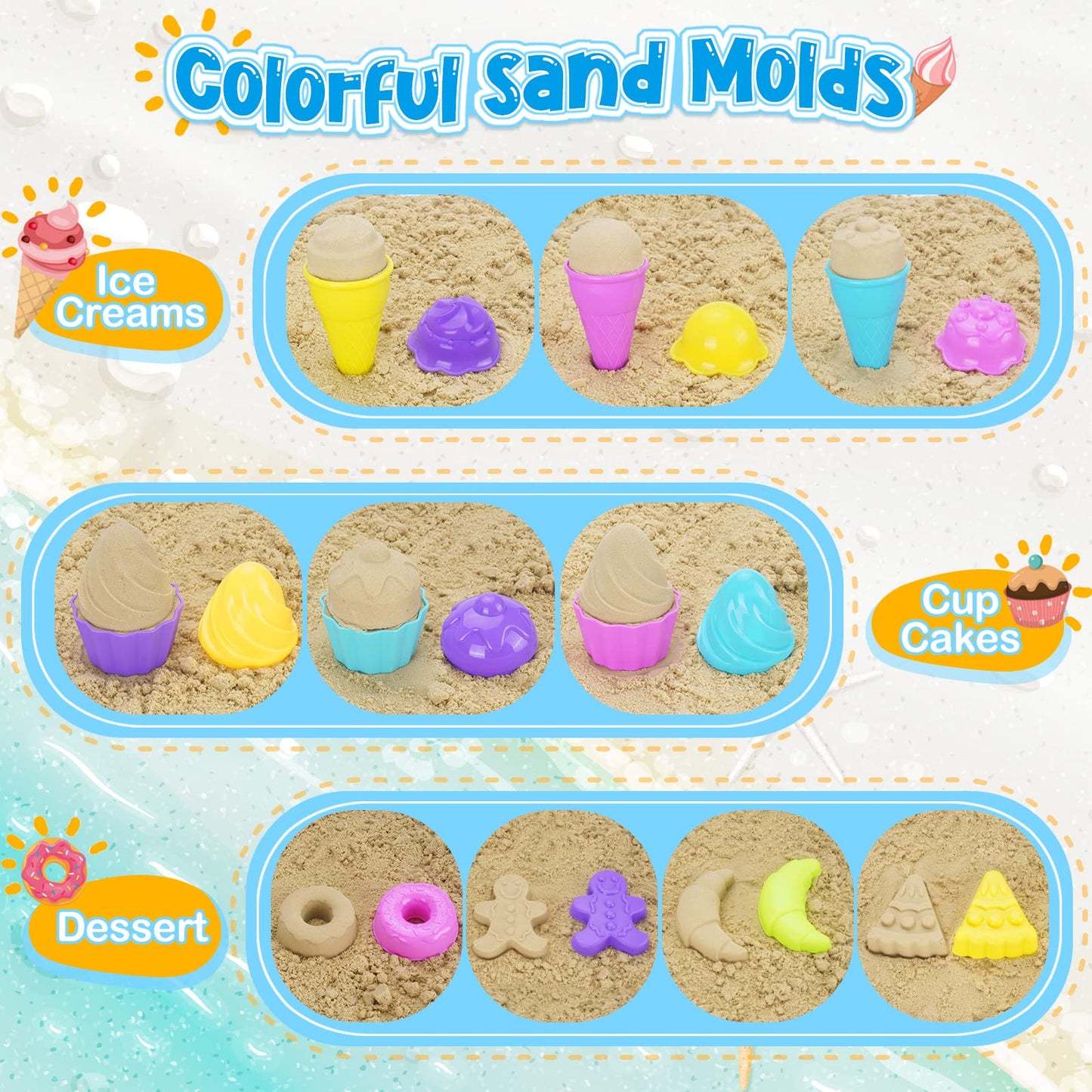 TSDATOWR Ice Cream Beach Toys Sand Toys Set for Kids, Collapsible Sand Bucket and Shovels Set with Mesh Bag, Sand Molds, Waterin