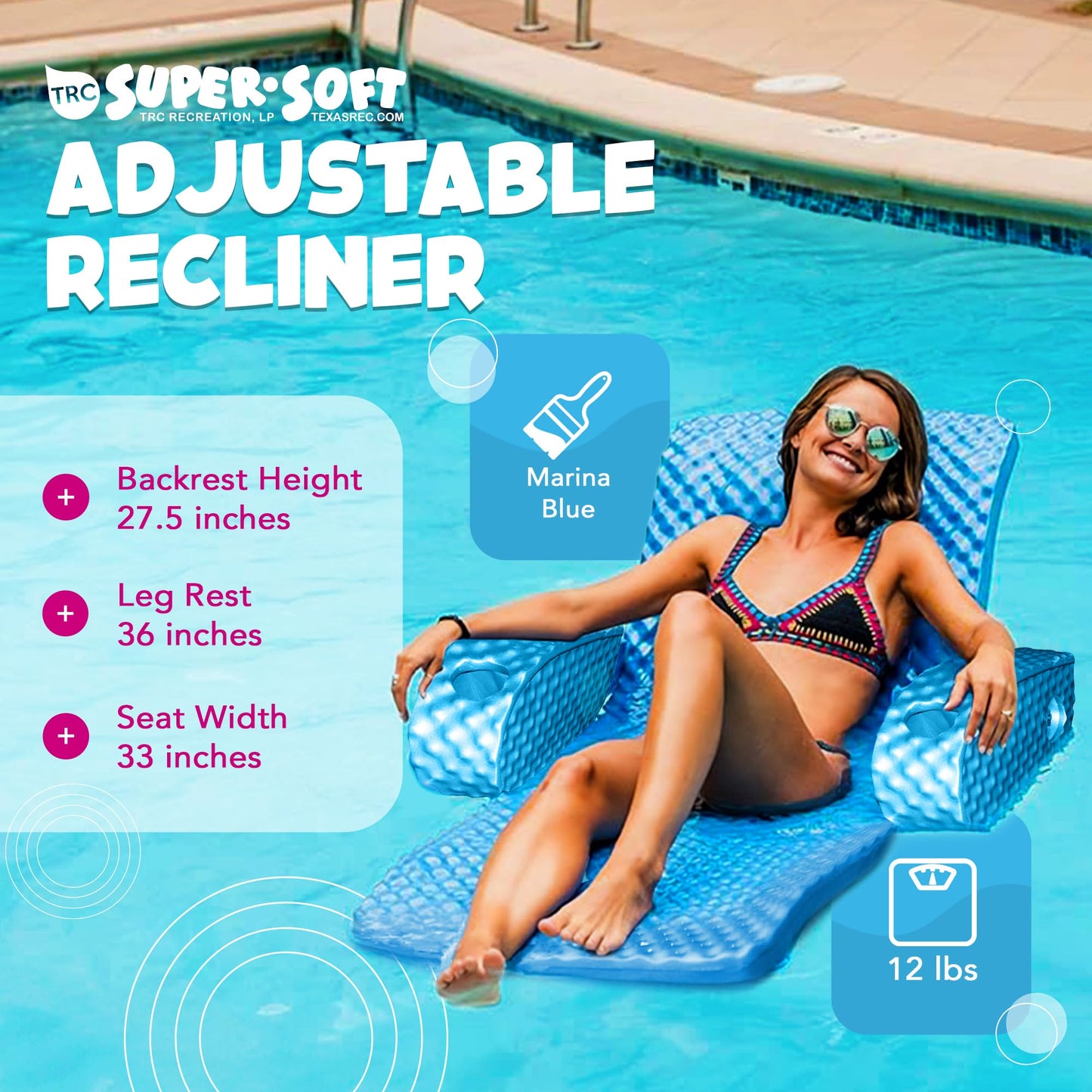 Trc Recreation Super Soft Adjustable Pool Recliner Float Portable Comfortable Chair Lounger With Cup Holders For Swimming Pool Essentials, Marina Blue