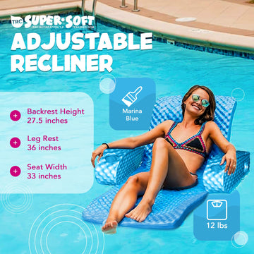 Trc Recreation Super Soft Adjustable Pool Recliner Float Portable Comfortable Chair Lounger With Cup Holders For Swimming Pool Essentials, Marina Blue