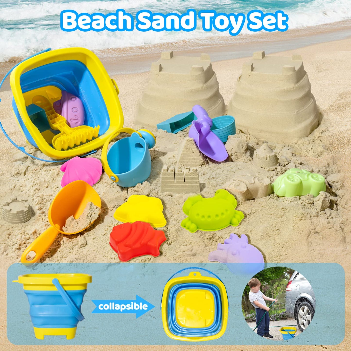 Beach Toy Sand Toy Set for Kids Silicone Foldable Sand Bucket with Summer Mesh Bag, Shovel, Rake, Watering Can, Animal and Castl