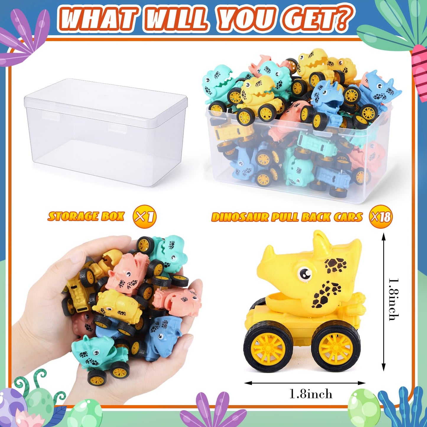 18 Pcs Mini Dinosaur Pull Back Cars For Kids Racing Vehicles Toys With Storage Box Bulk Children Dino Cars Party Favors Supplies