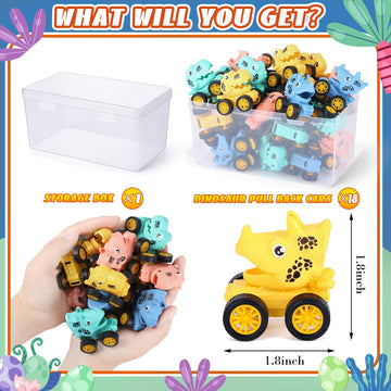 18 Pcs Mini Dinosaur Pull Back Cars For Kids Racing Vehicles Toys With Storage Box Bulk Children Dino Cars Party Favors Supplies