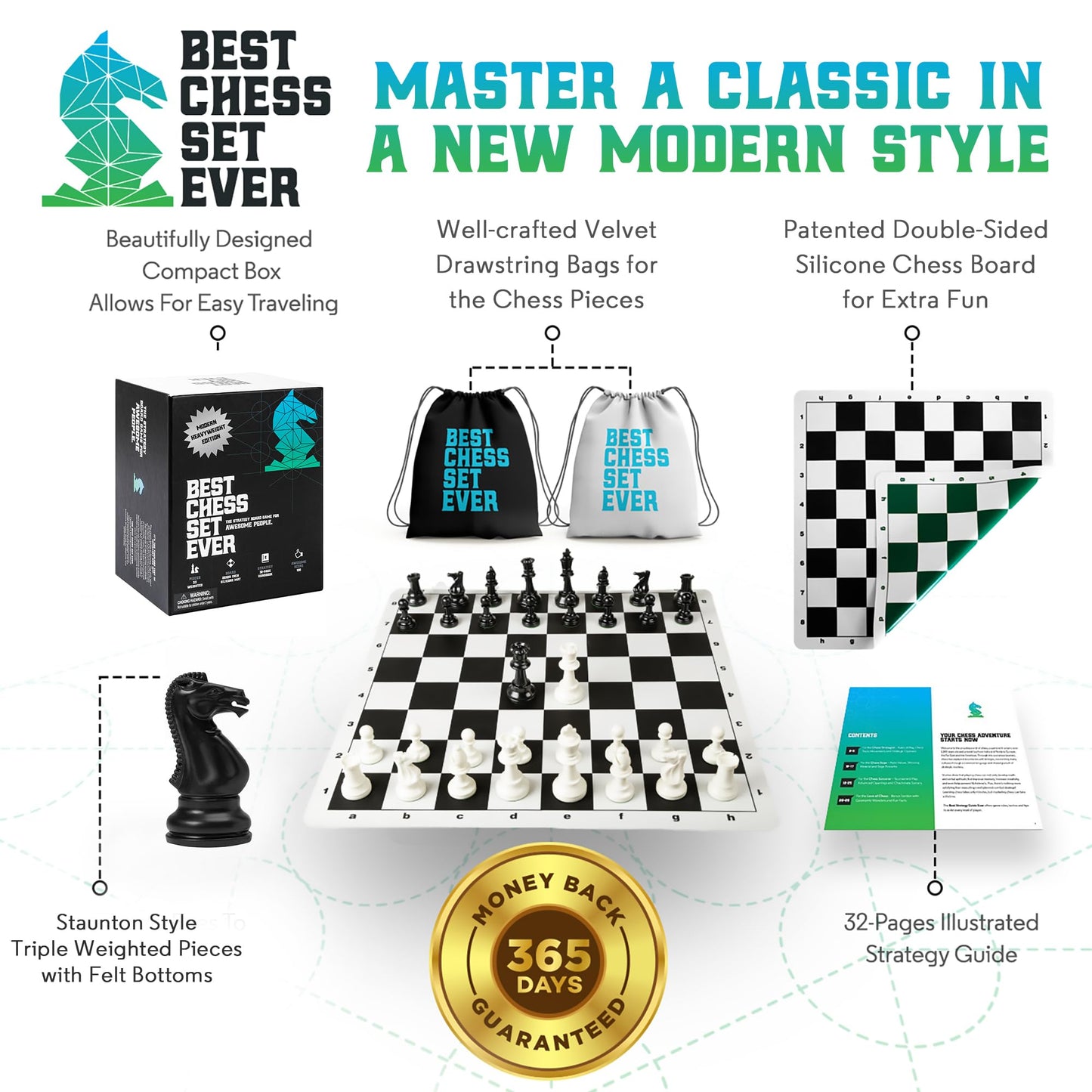 Chess Geeks Best Chess Set - Triple Weighted Tournament Size (4" King), Roll Up Silicone Mat, Large Staunton Pieces, Model BKG-002
