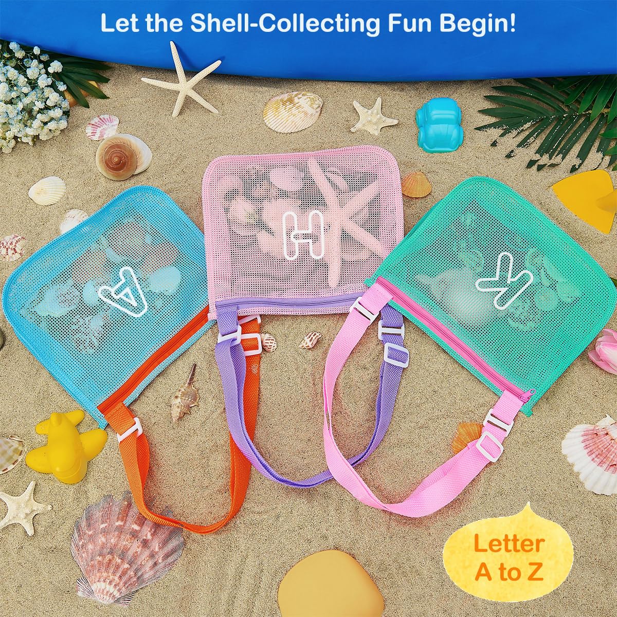 3Pcs Alphabet Printed Seashell Bags, Lightweight & Foldable Kids Beach Toy Mesh Bags with Adjustable Straps, Portable for Pool a