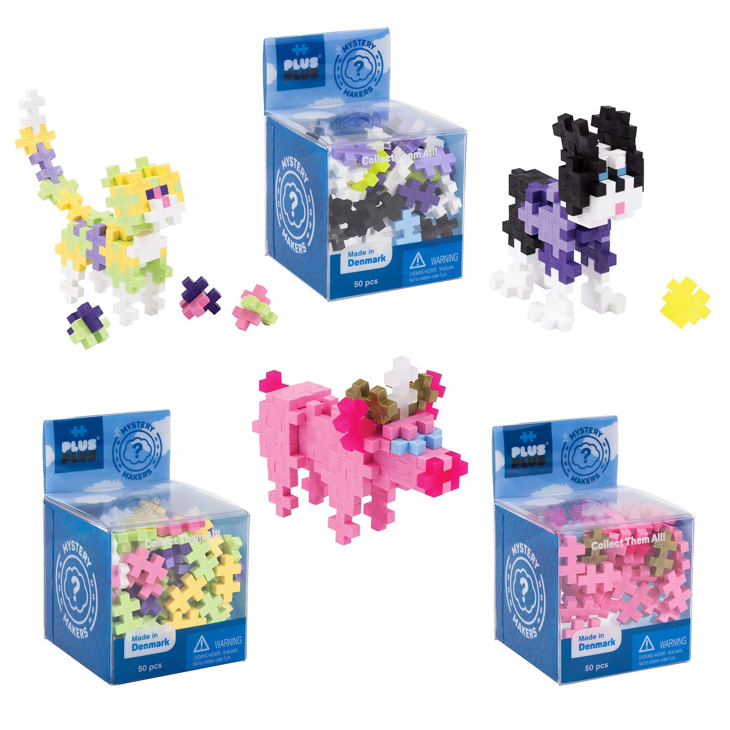 Plus Plus - Set Of 3 Mystery Makers - Pets, Bundle 2 - Construction Building Stem | Steam Toy, Interlocking Mini Puzzle Blocks F