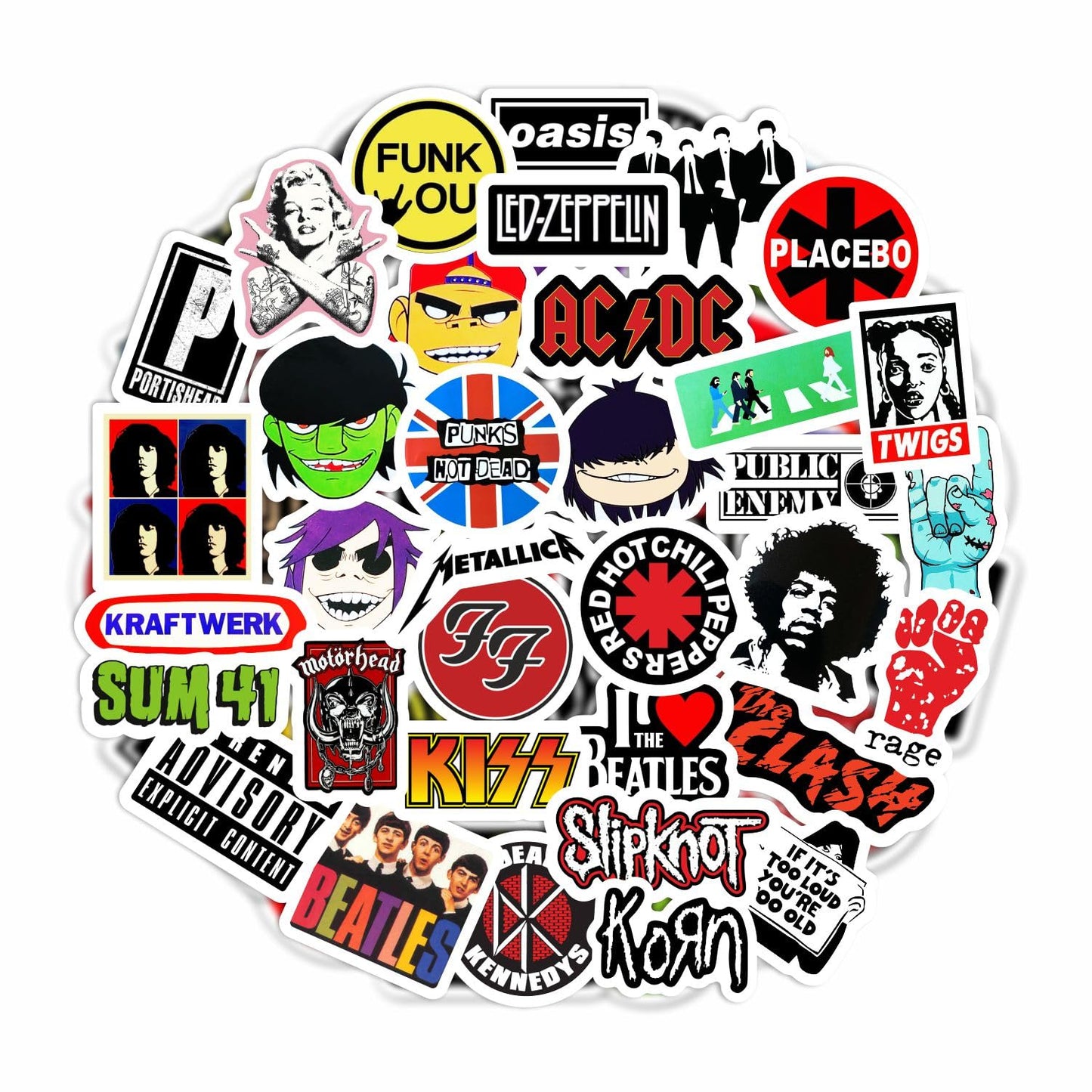 BulbaCraft Classic Rock Stickers - Vinyl Decals for Water Bottles & Laptops, 60s-90s Rock Bands, White, Model 12