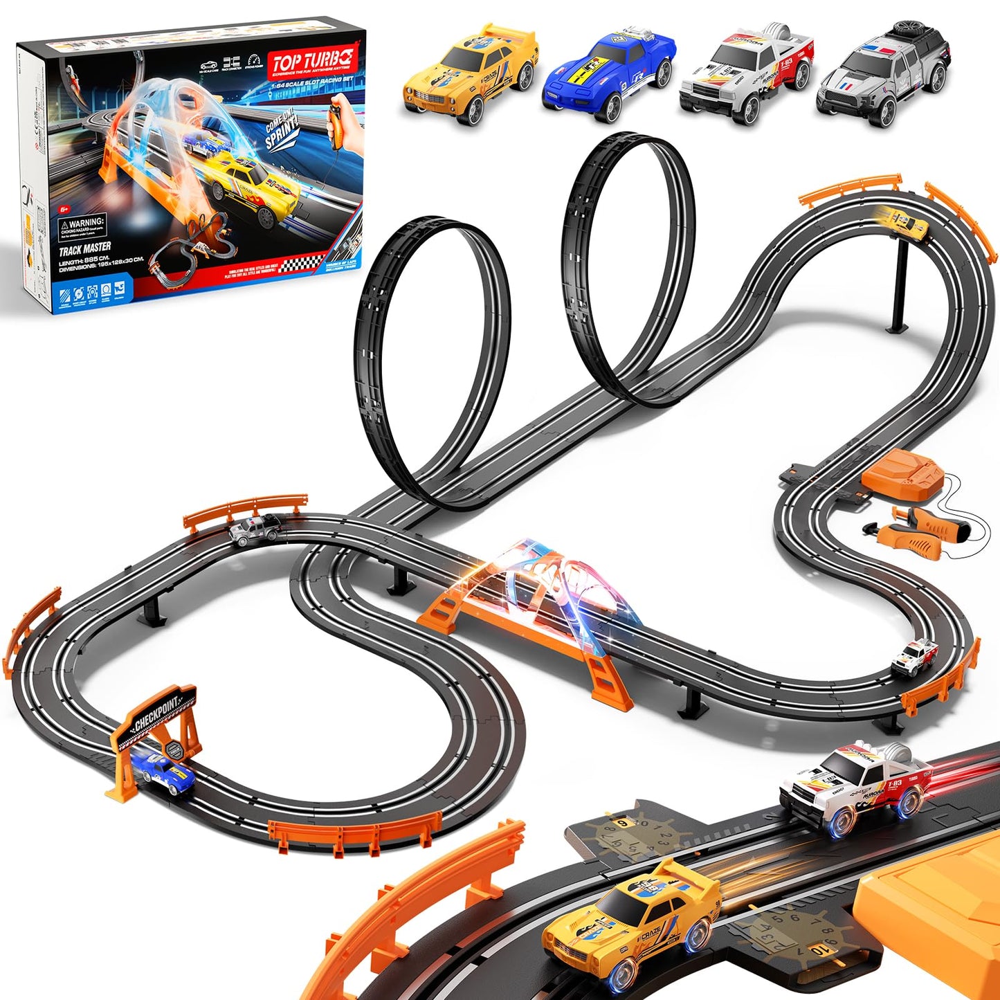 SUFICY Slot Car Race Track Set for Kids - 29ft Electric Race Car Track with 4 Slot Cars  Dual Racing Tracks  Lap Counter & LED Overpass  Car Track Toy Gift for Boys Ages 6-12