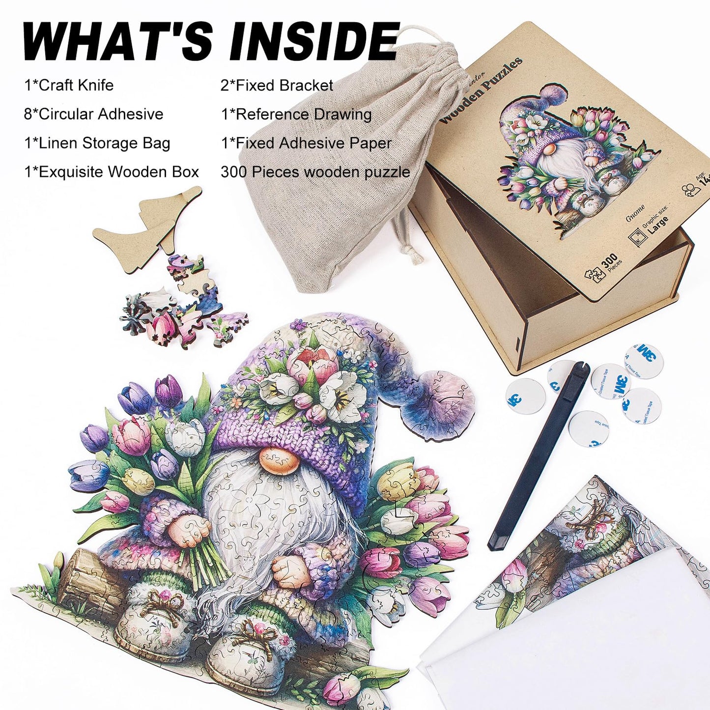 Gnome Wooden Puzzles for mature-themeds  300pcs Gnome Wooden Jigsaw Puzzles for mature-themeds  Flowers Unique Shaped Jigsaw Puzzles Creative Gift for Friend Family Game Large Size 15'' x 14.1''