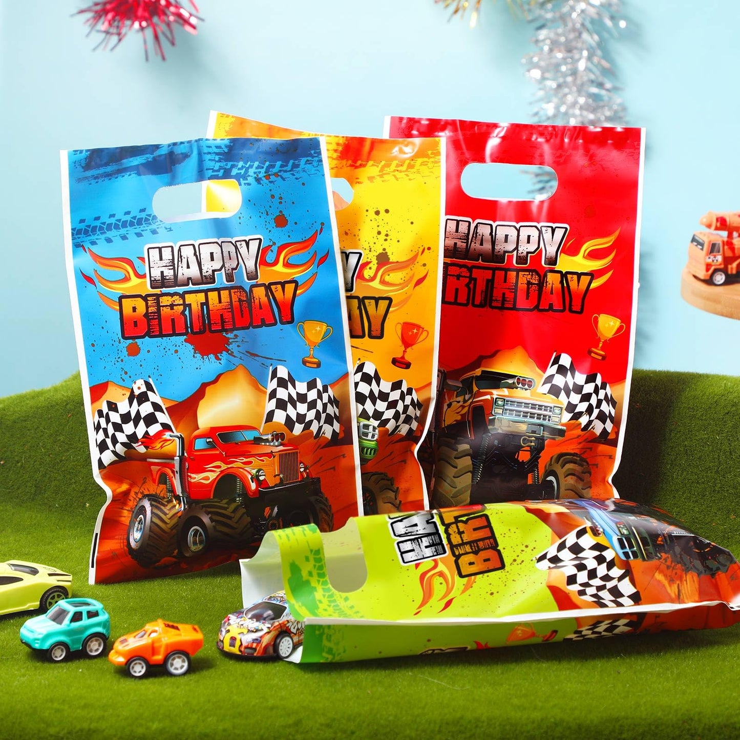 Pajean 48 Pieces Monster Truck Gift Bags Bulk Plastic Happy Birthday Truck Party Bag Racing Truck Treat Goodie Bags for Kids Mon