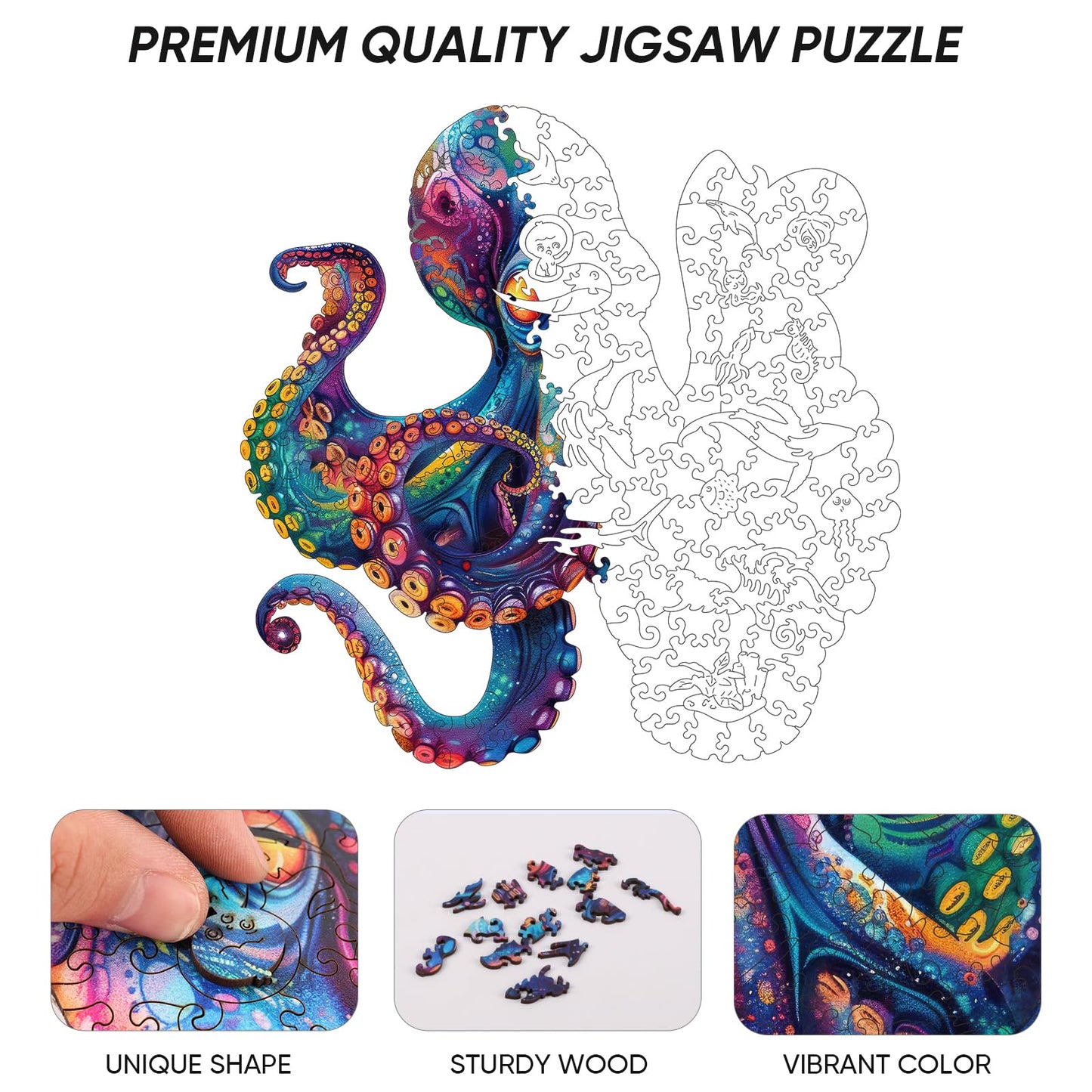 Qiuenisray Wooden Puzzles for mature-themeds Octopus Wooden Jigsaw Puzzles 500pcs 16.9x16.9in Royal Unique Shape Ocean mature-themed Puzzles Irregular Wood Puzzles Creative Gift for mature-themeds and Kids Family Game