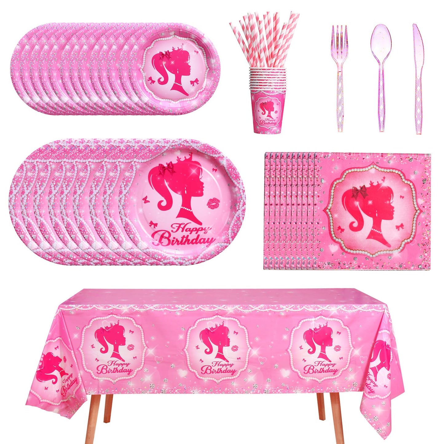 161CT Pink Girl Babe Happy Birthday Party Supplies Babe Head Paper Plates Cups Straw Napkins Spoon Fork knives Tablecloth Hot Pi