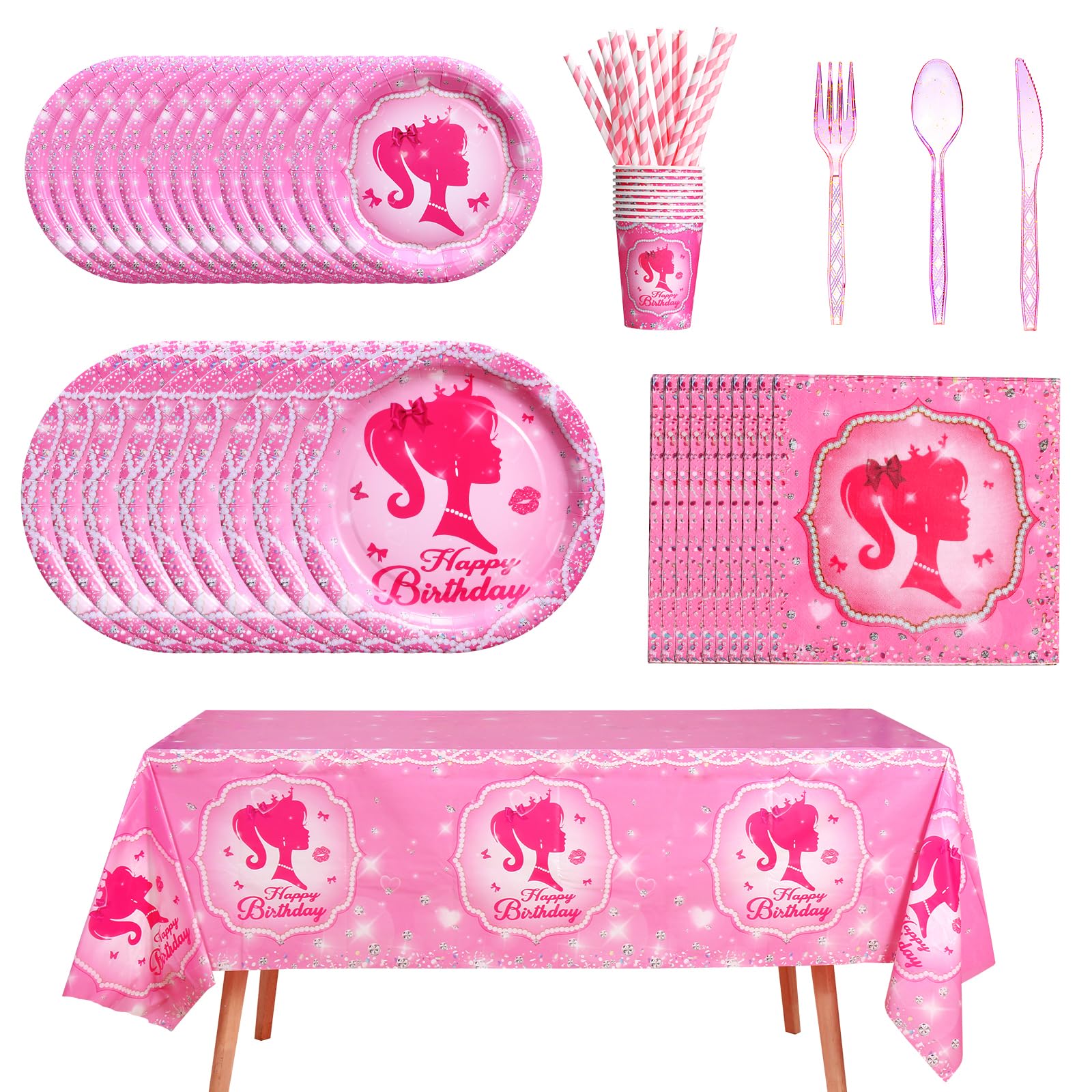 161CT Pink Girl Babe Happy Birthday Party Supplies Babe Head Paper Plates Cups Straw Napkins Spoon Fork knives Tablecloth Hot Pi
