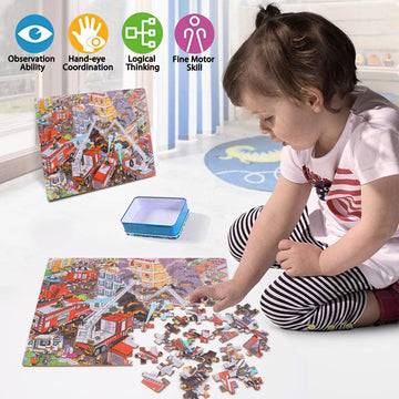 Lelemon Puzzles For Kids Ages 4-8,Fire Fighting 100 Piece Puzzles For Kids,Educational Kids Puzzles Jigsaw Puzzles In A Metal Box,Children 100 Piece Puzzle Games Puzzle Toys For Girls And Boys