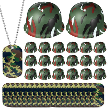 PullCrease 60 Pcs Army Party Favor Halloween Helmet Costume Includes Kid Plastic Camouflage Hats Military Dog Tags Chains
