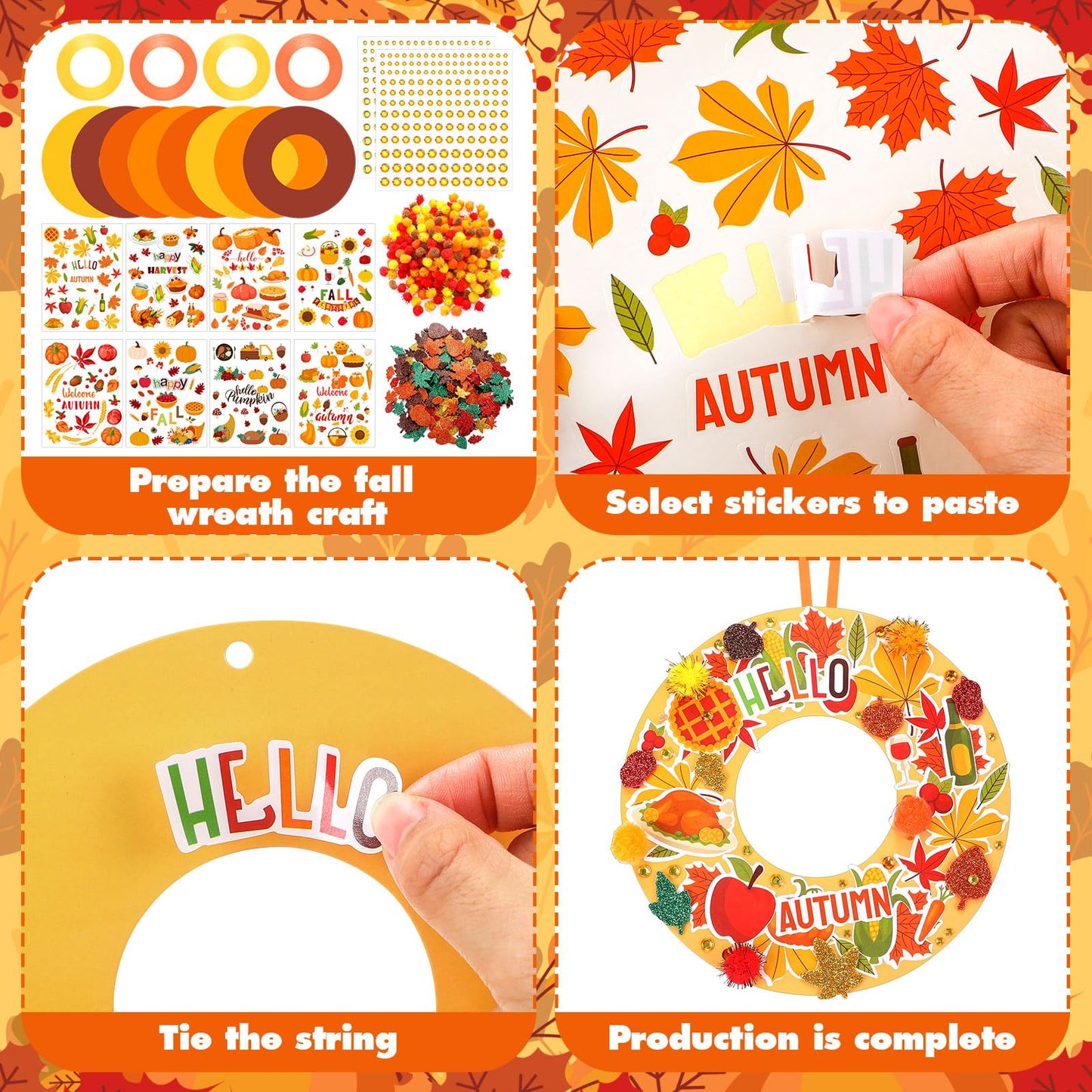 Hollowfly 48 Sets Autumn Wreath Craft Kits for Kids DIY Pumpkin Wreath Hanging Ornaments Make Your Own Paper Fall Craft with Sti