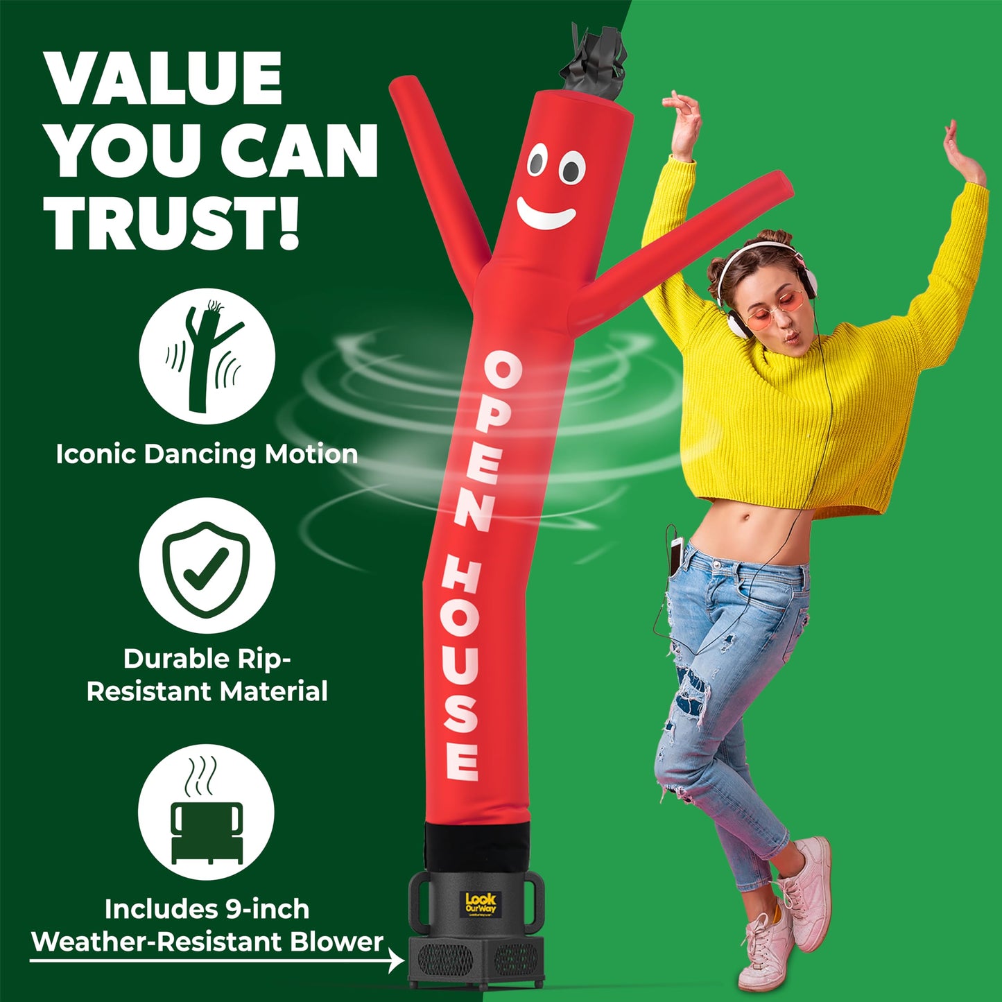 LookOurWay Air Dancers Wacky Waving Inflatable Tube Man Set - 7ft Tall Advertising Air Dancer Waving Man Inflatable Tube Guy with Sky Dancer Blower- Open House Red