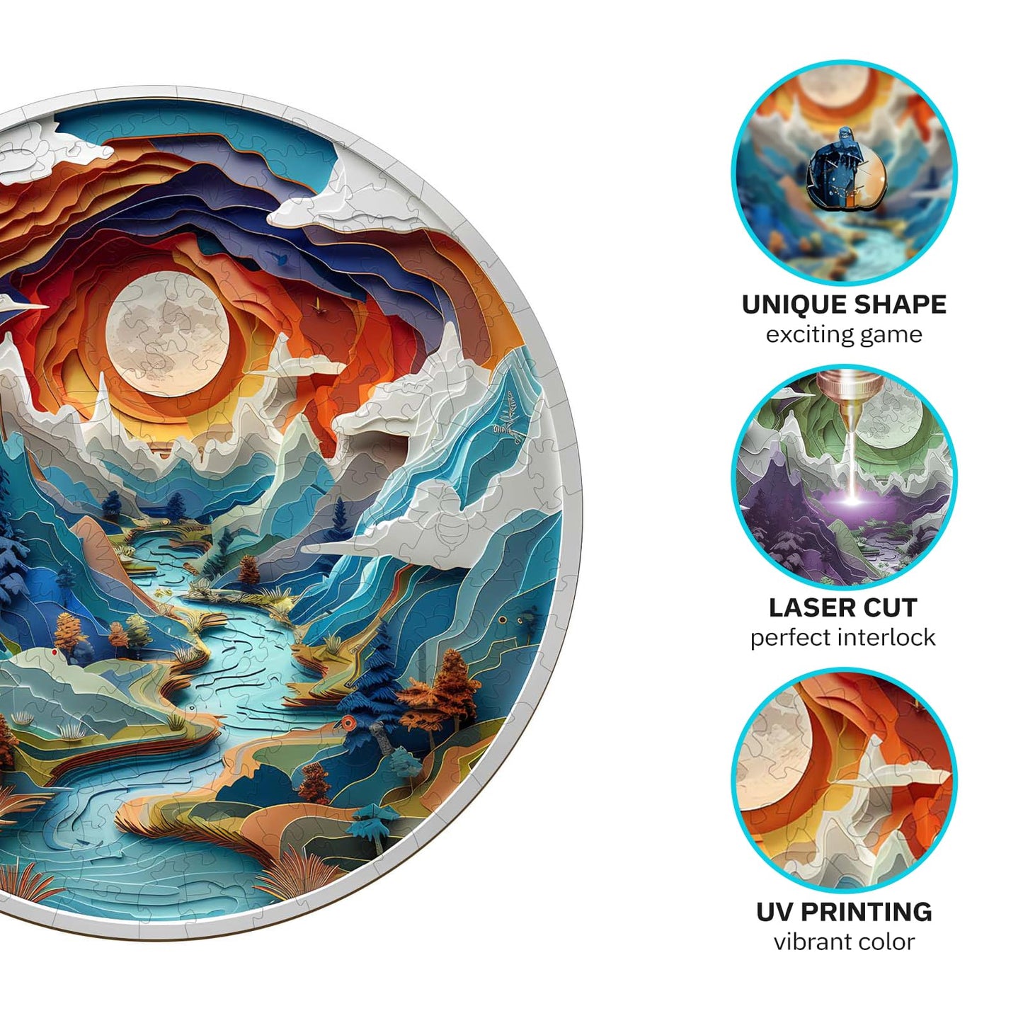 Jigfoxy Wooden Puzzle for mature-themeds  3D Visual Full Sun in The Mountains Wooden Jigsaw Puzzles for mature-themed  Unique Animal Shape Wood Cut Puzzles  for Friends Family (S-8.5 * 8.5in-100pcs)