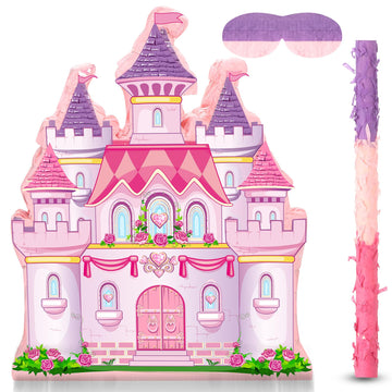 Princess Castle Piñata Bundle Girl Princess Party Piñata Set Include Pink Castle Piñata Stick And Blindfold Mask For Princess Theme Birthday Party Supplies Decor, 16.1 X 13.4 X 3.2 Inch