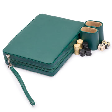 Yellow Mountain Imports Backgammon Mini Game Set - 9-inch Magnetic Checkers in Green Faux Leather Case - Travel Size HZ-BG005-A
