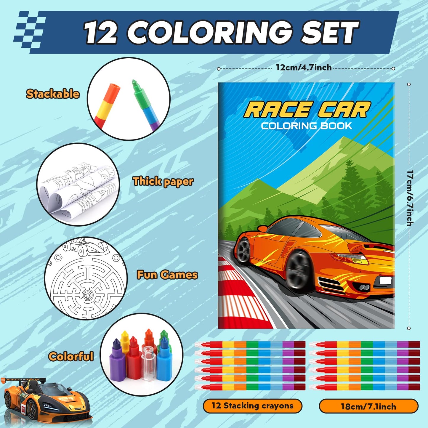 BenLouis 12 Race Car Mini Coloring Books Kids with 12 Stacking Crayons Racing Theme Party Favors Small Activity Books Bulk for K
