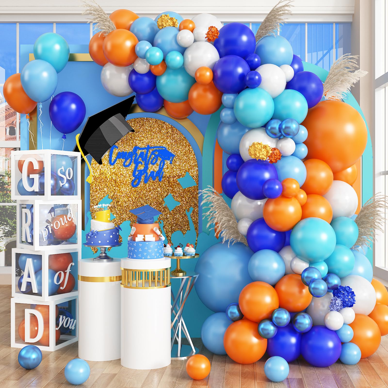 Blue And Orange Balloon Garland Arch Kit, Klein Navy Light Blue Teal Orange White Metallic Under The Sea Balloon Arch Kit For Bo