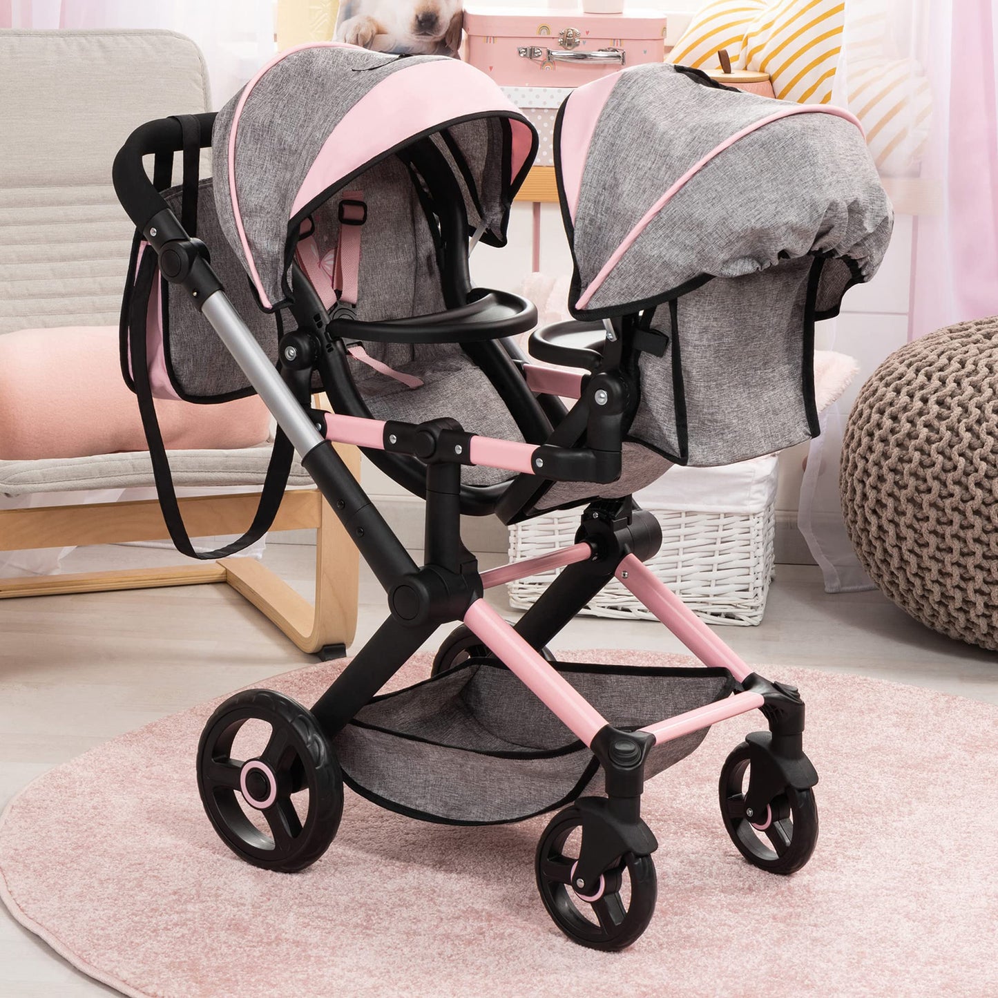 Bayer Design Dolls: Xeo Twin Pram - Butterfly Grey & Pink - Matching Handbag, Adjustable Handle, For Dolls Up To 20''