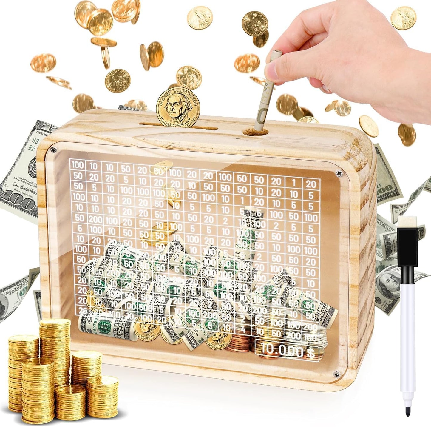 Homgaty Wooden Money Box Money Bank, Clear Countdown Money Saving Box With 10000 Dollars Target, Money Box With Money Target And Numbers To Check For Adults Kids Boys Girls