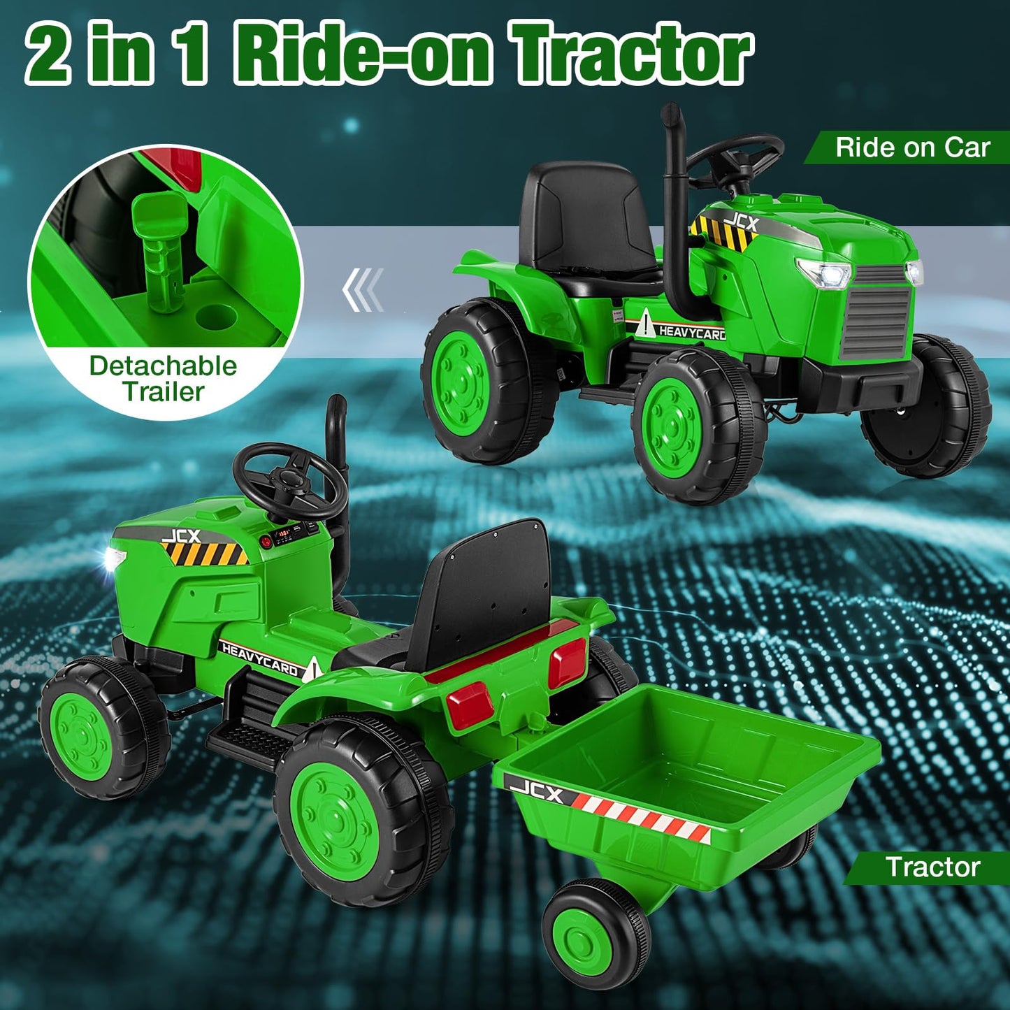 Costzon 2-In-1 Ride On Tractor, 12V Kids Ride On Car W/Detachable Trailer, Remote Control, Wireless Connection, Horn, Music/Ligh