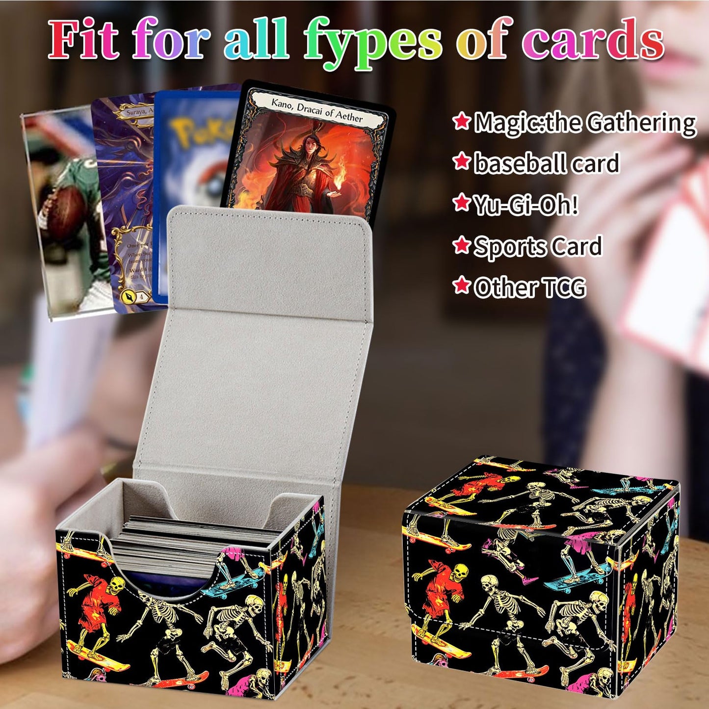 Qindaiwen Card Deck Box for MTG, Fits 100+ Single Sleeved Cards, PU Leather Trading Card Storage Box for TCG, CCG, MTG Cards, St