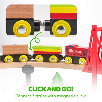60Pcs Montessori Wooden Train Set - Construction Express, Engineering Railway With Magnetic Crane, Trains & Accessories, Perfect