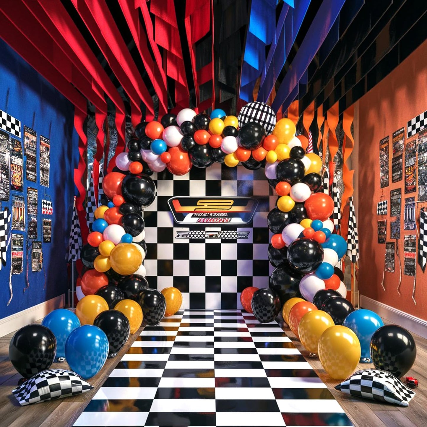 Race Car Balloons Arch Garland Kit, Blue Red Black Checkered Flag Foil Balloon, Race Car Themed Decorations For Boys Birthday Party Baby Shower